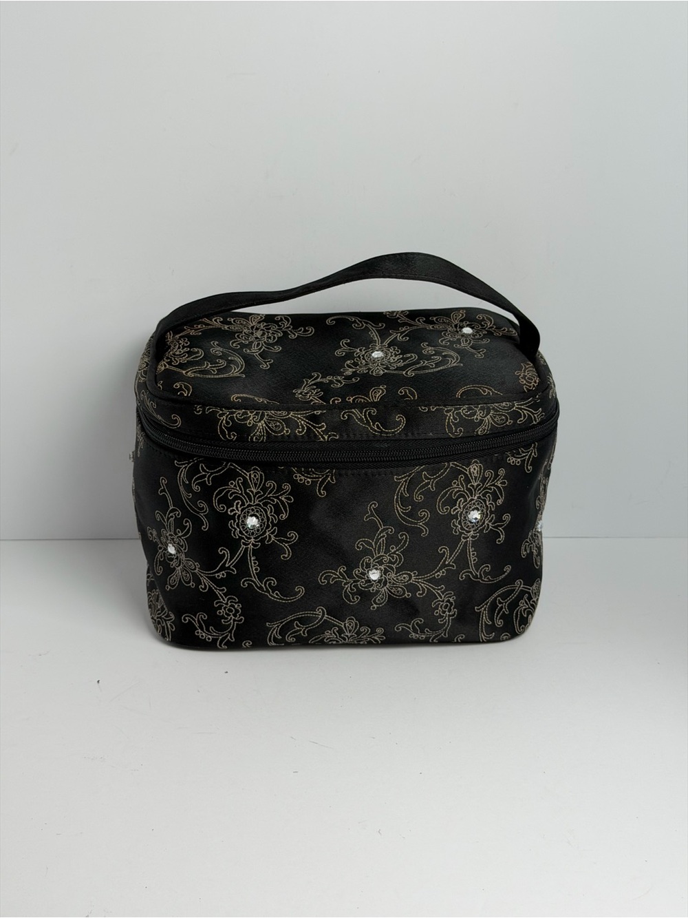 Givenchy Vintage Floral/Atabesque Vine Motif Black Satin Vanity Case